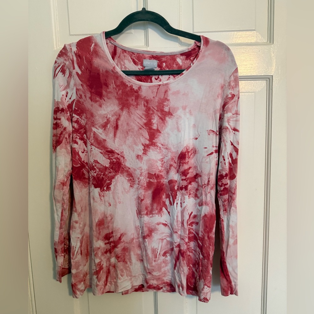 ✨Chico's 3 Pink Red Watercolor Round Neck Long Sleevve Rayon Tunic